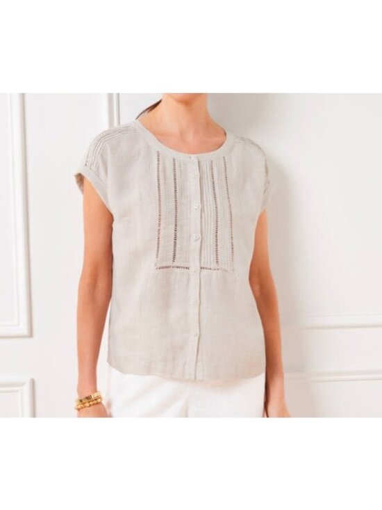 Talbots Tops - Talbots Women's S 100% Linen Blouse Beige Pintuck Lace Trim Button Down Top NWT